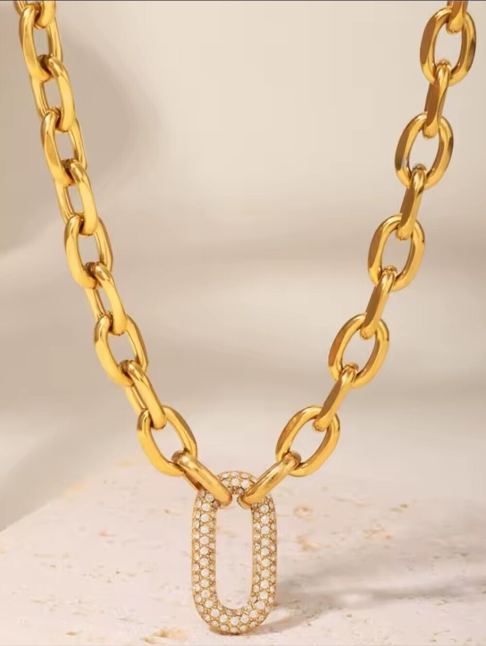 Gold Pavé Oval-Link Pendant Necklace